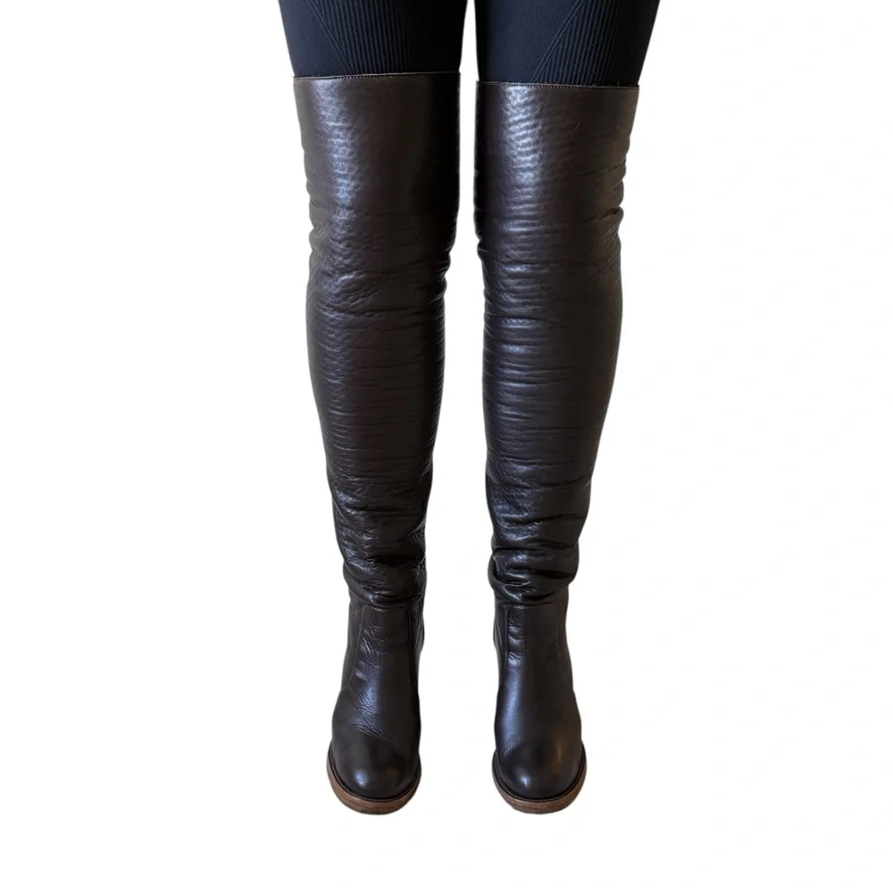 CHANEL Over The Knee Winter Boots Brown Sz 40